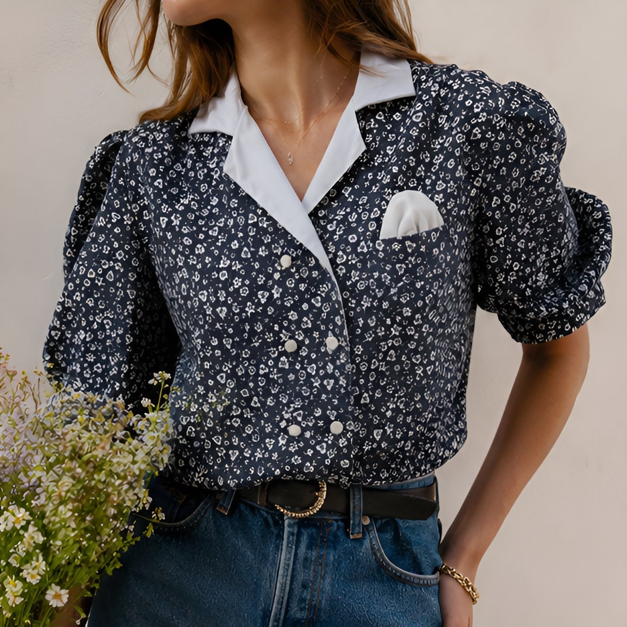 Blue Floral Short Sleeve Shirt — 8
