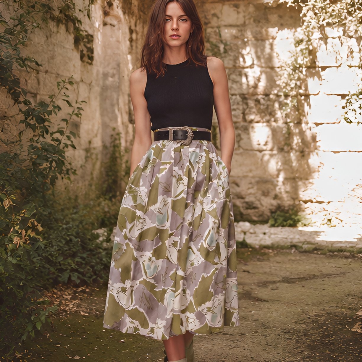 Green Floral Midi Skirt — 7