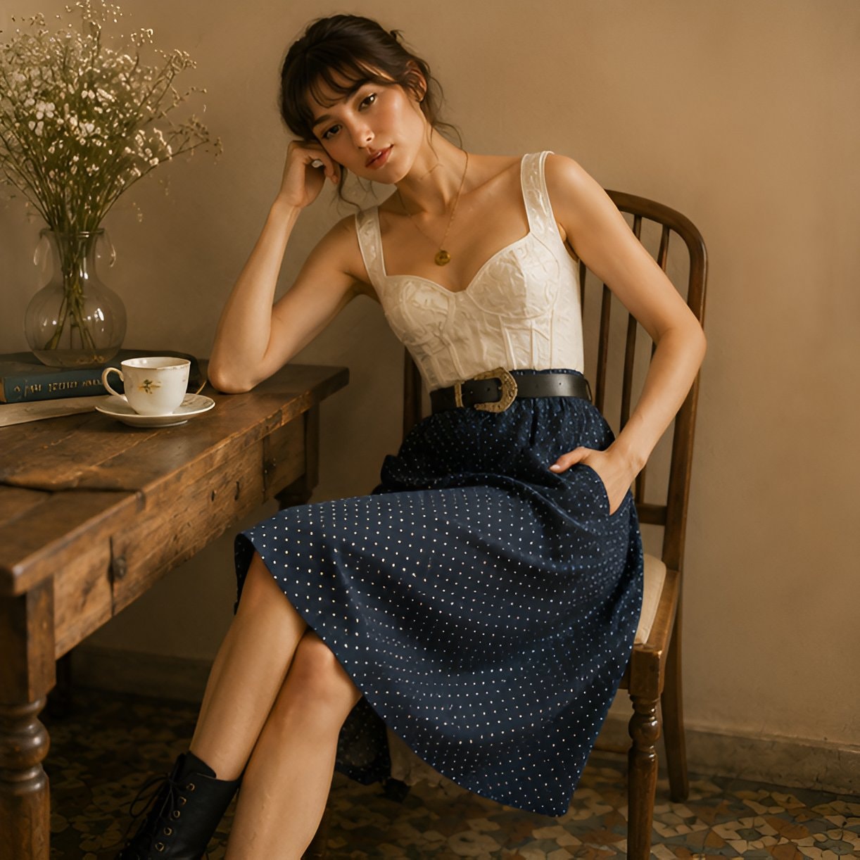 70s Dark Blue Polka Dot Skirt — 8