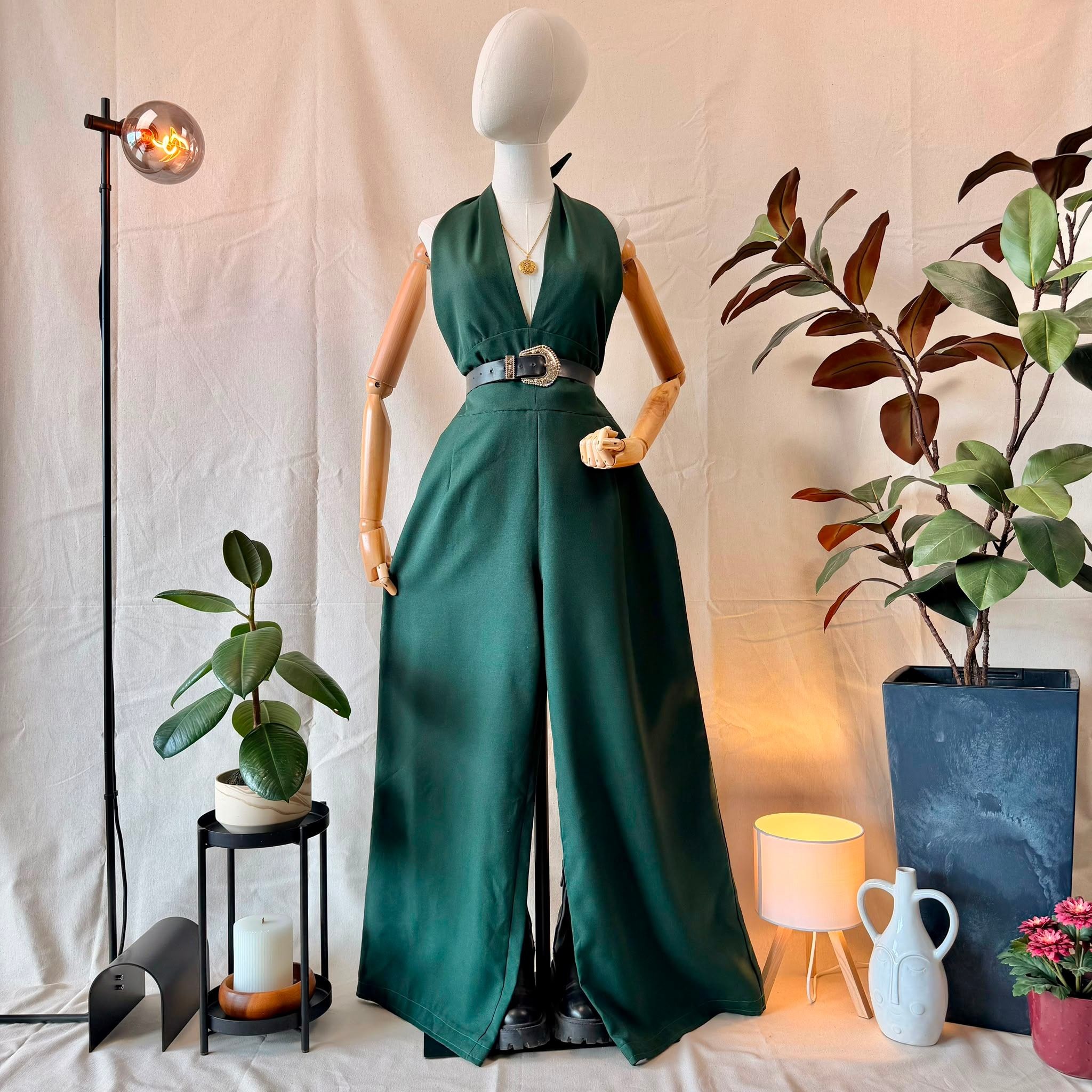 90s Green Deep Neck Jumpsuit