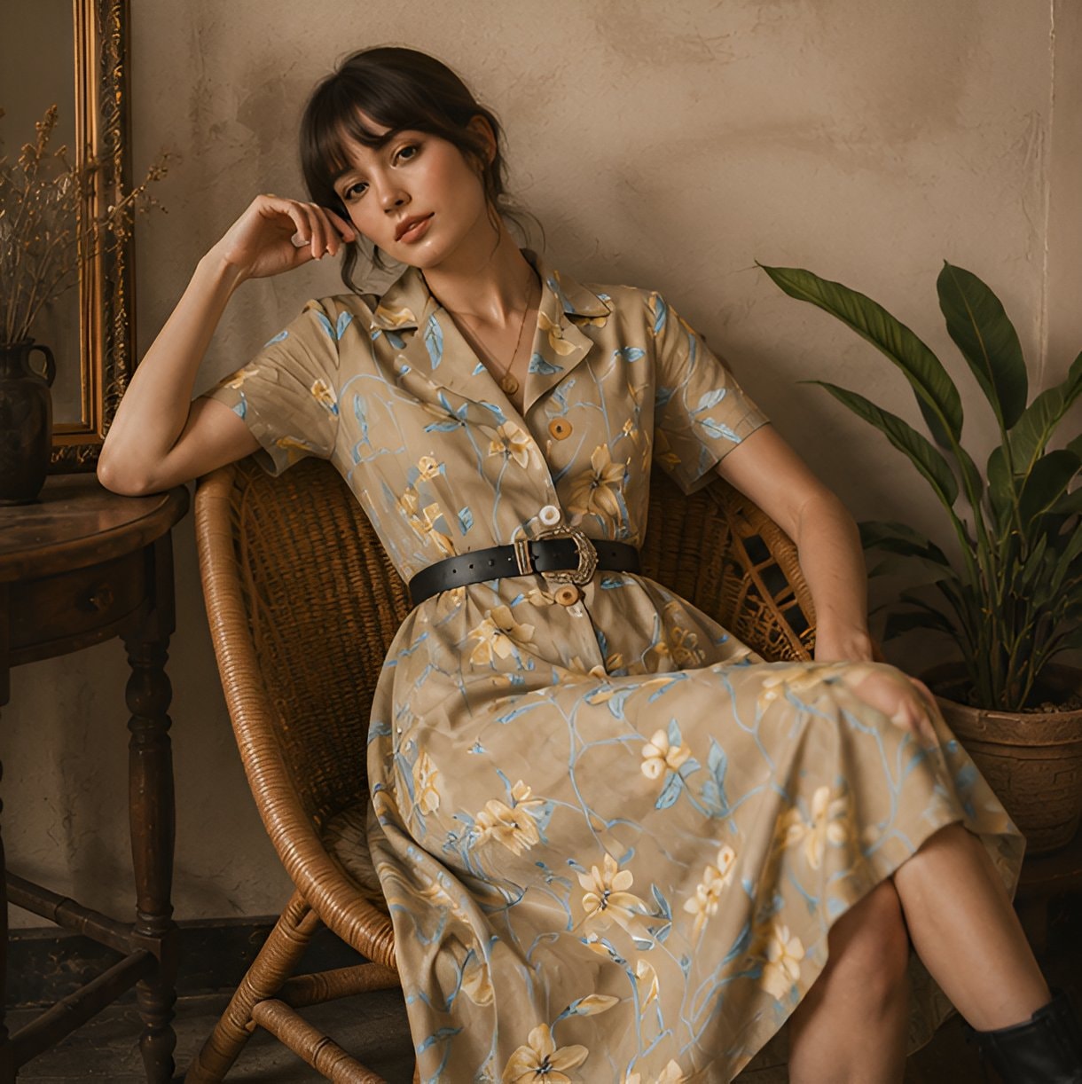 90s Beige Floral Midi Dress — 10