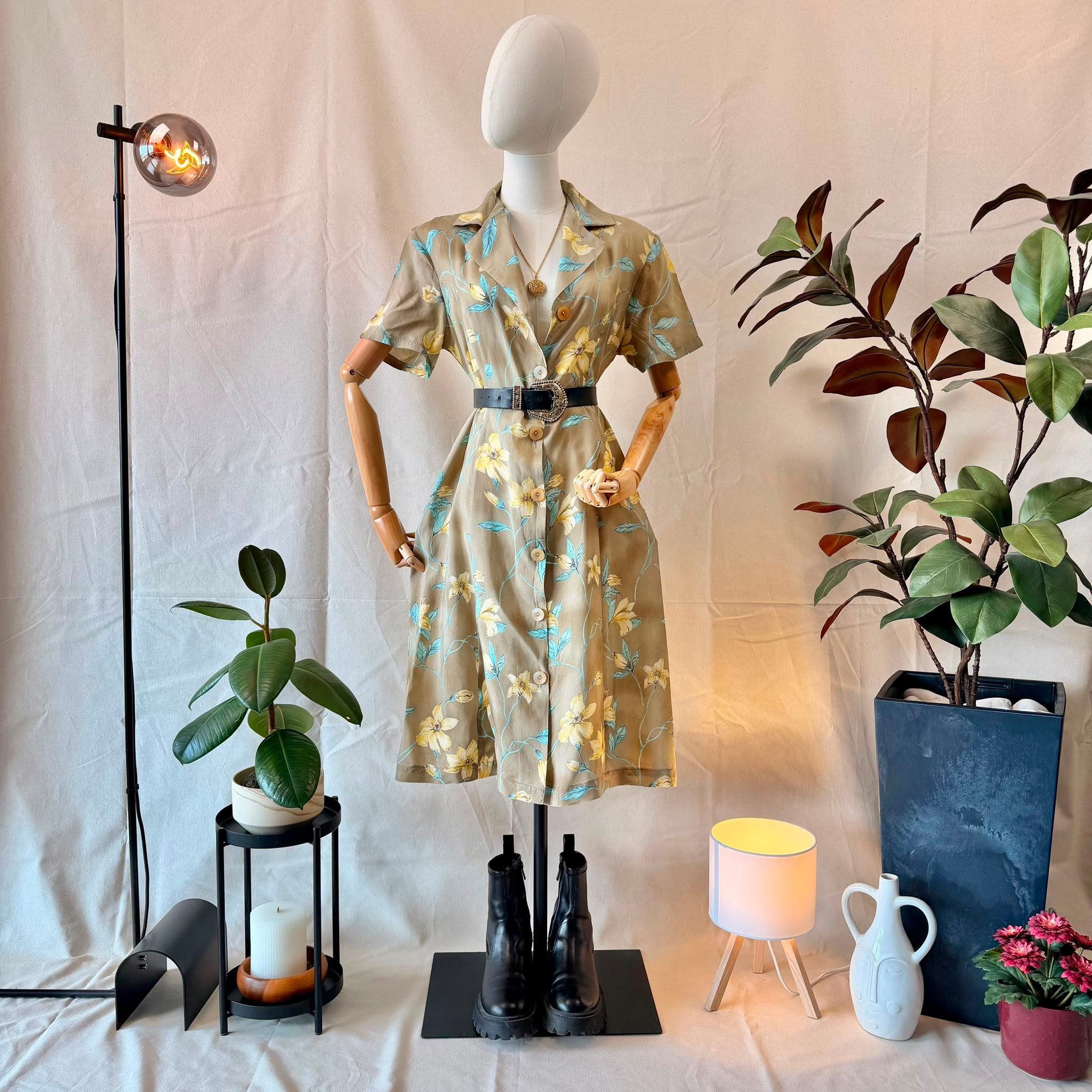 90s Beige Floral Midi Dress