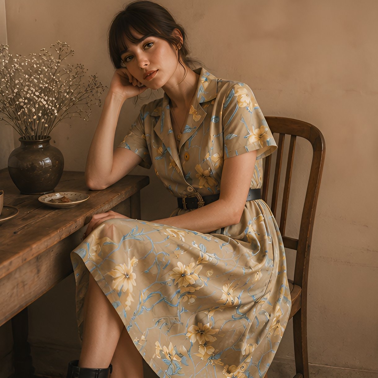 90s Beige Floral Midi Dress — 12