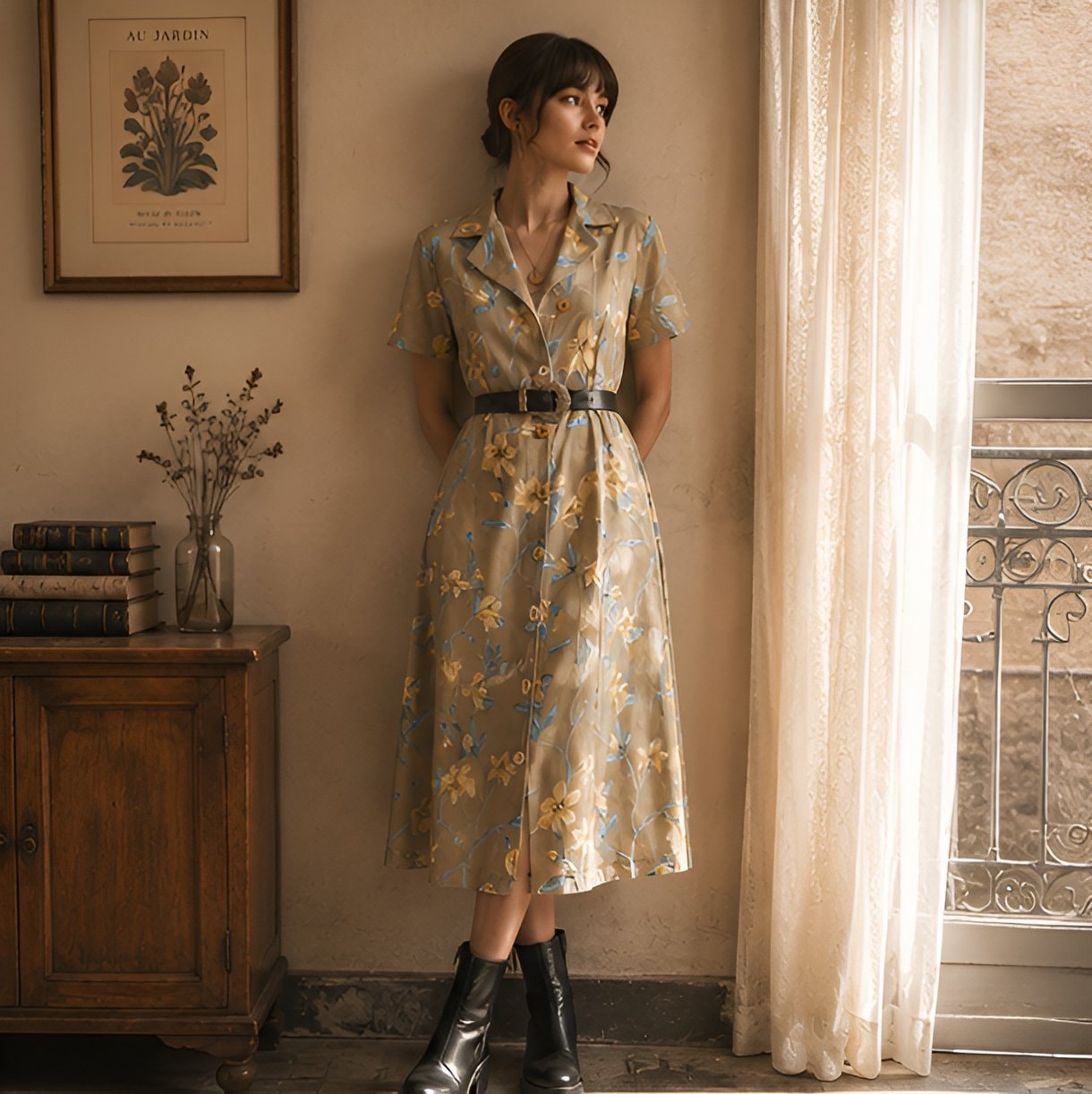 90s Beige Floral Midi Dress — 9