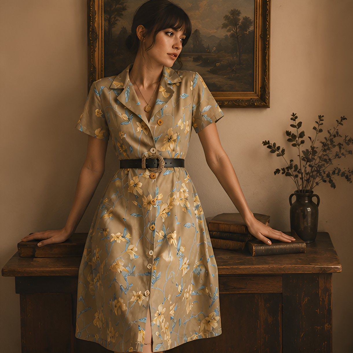 90s Beige Floral Midi Dress — 11