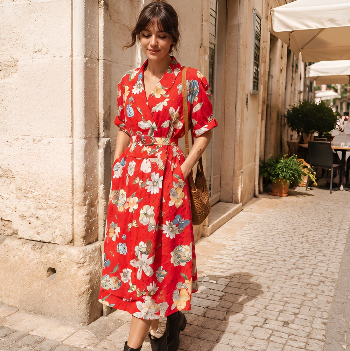 80s Red Floral Midi Dress — 8
