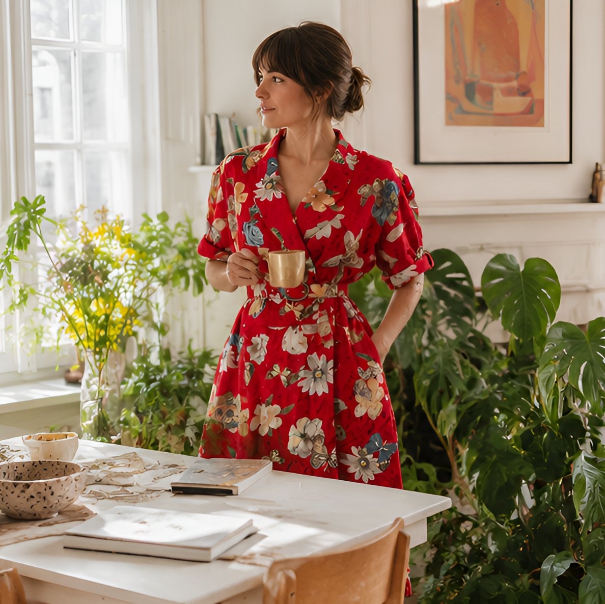 80s Red Floral Midi Dress — 9