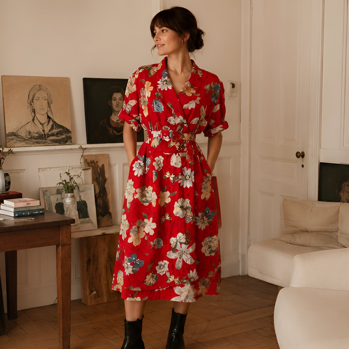 80s Red Floral Midi Dress — 10