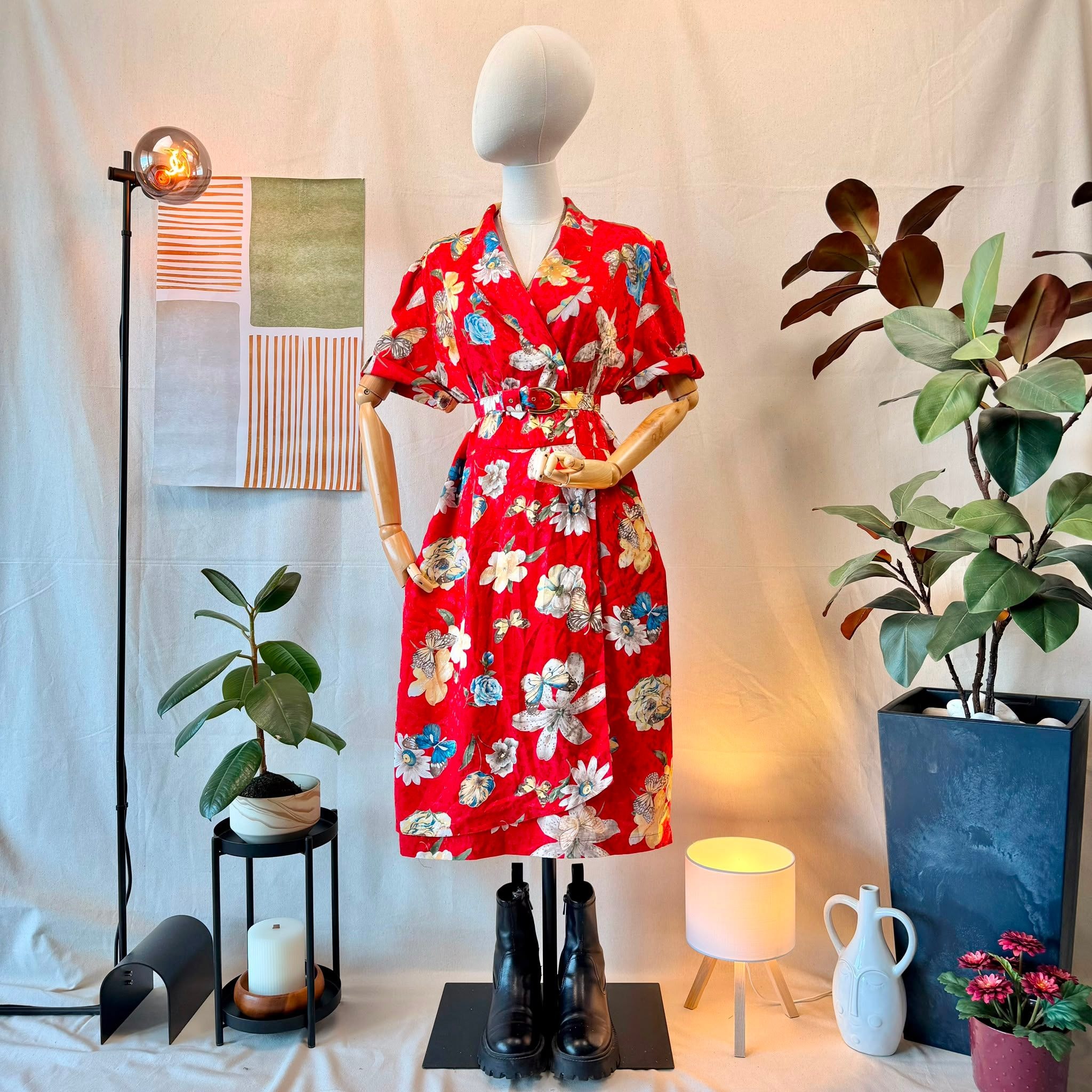 80s Red Floral Midi Dress