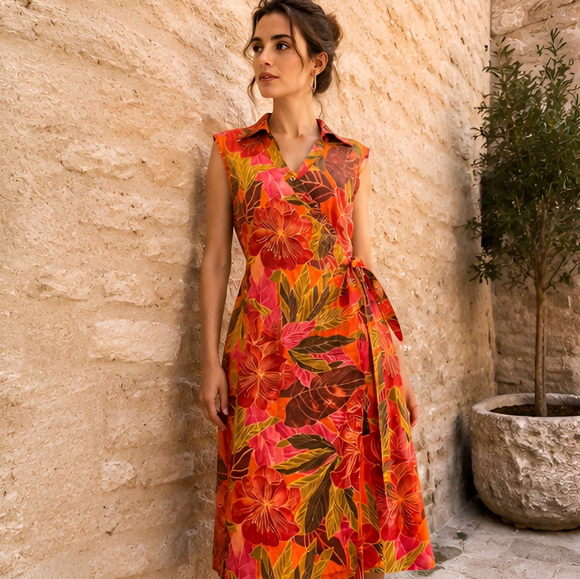 90s Orange Floral Wrap Dress — 10