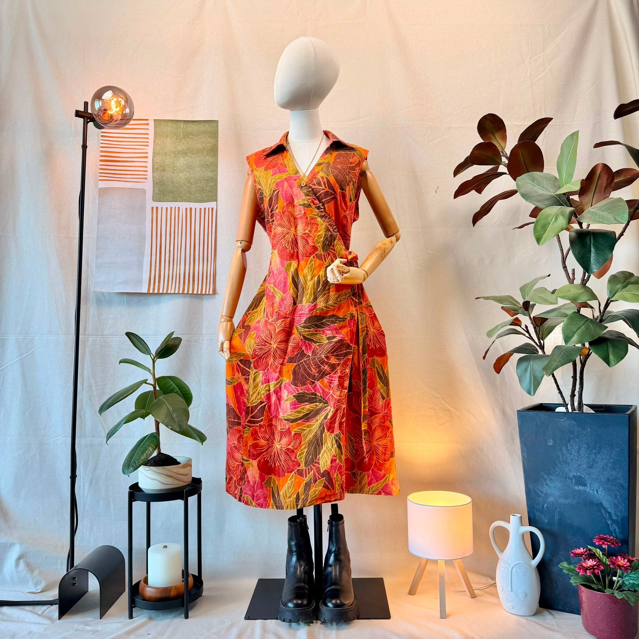 90s Orange Floral Wrap Dress