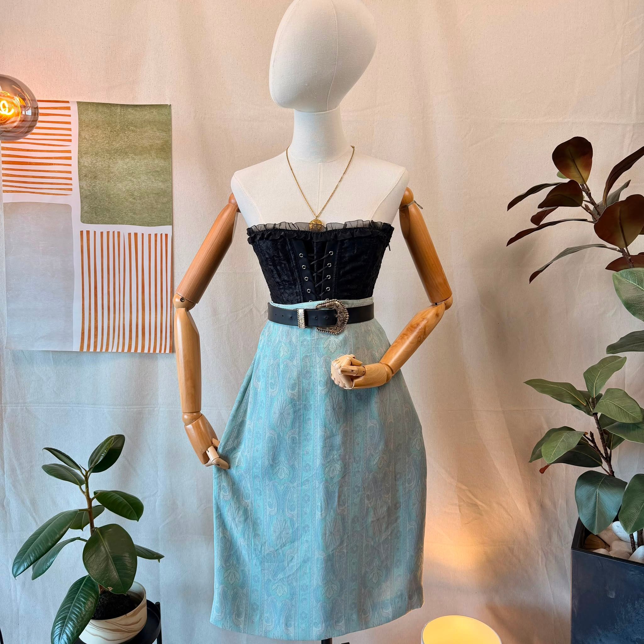 80s Aqua Paisley Midi Skirt
