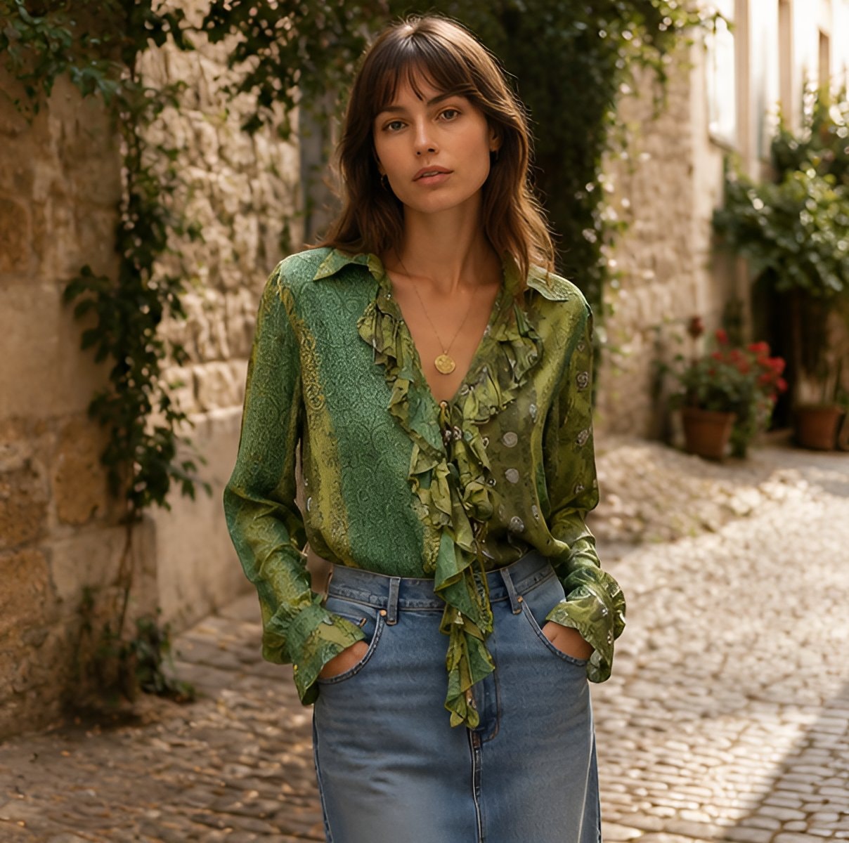 2000s Green Sheer Ruffle Blouse — 9