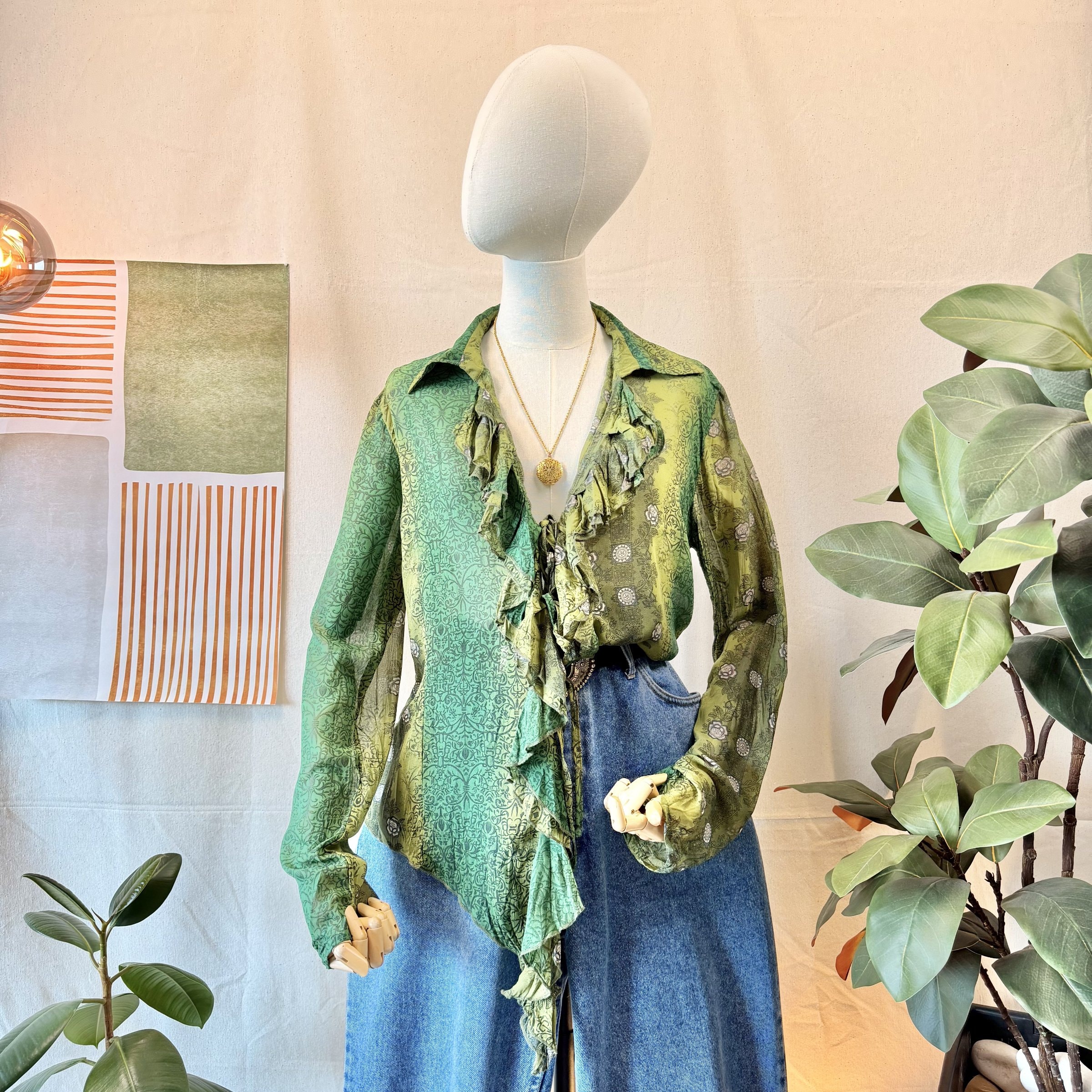 2000s Green Sheer Ruffle Blouse