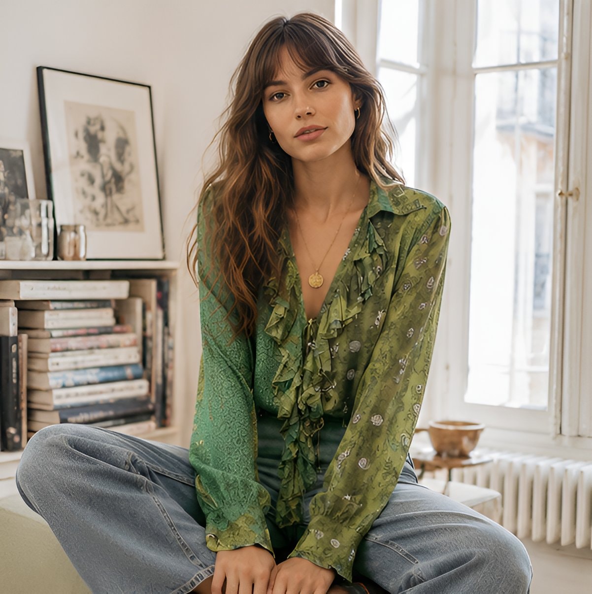 2000s Green Sheer Ruffle Blouse — 10