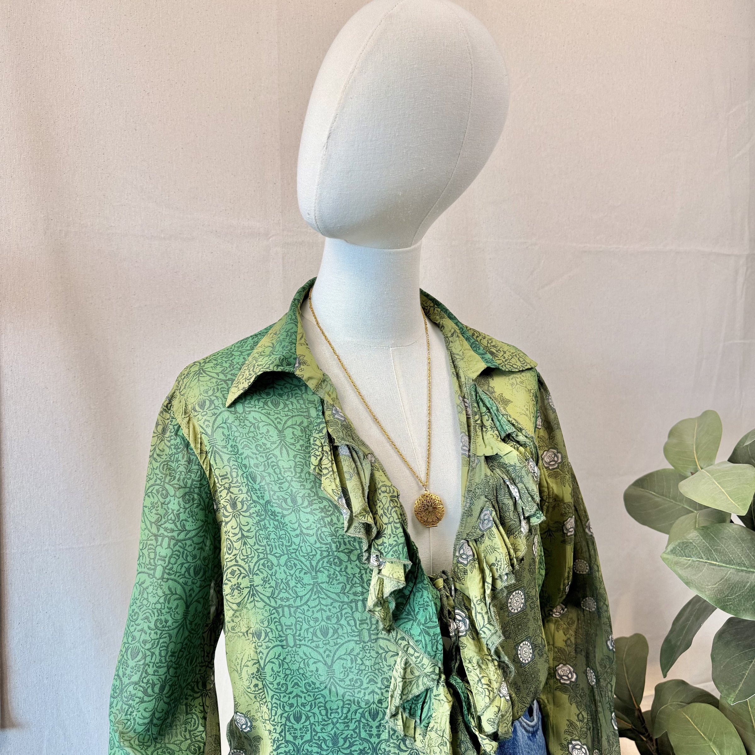 2000s Green Sheer Ruffle Blouse — 4