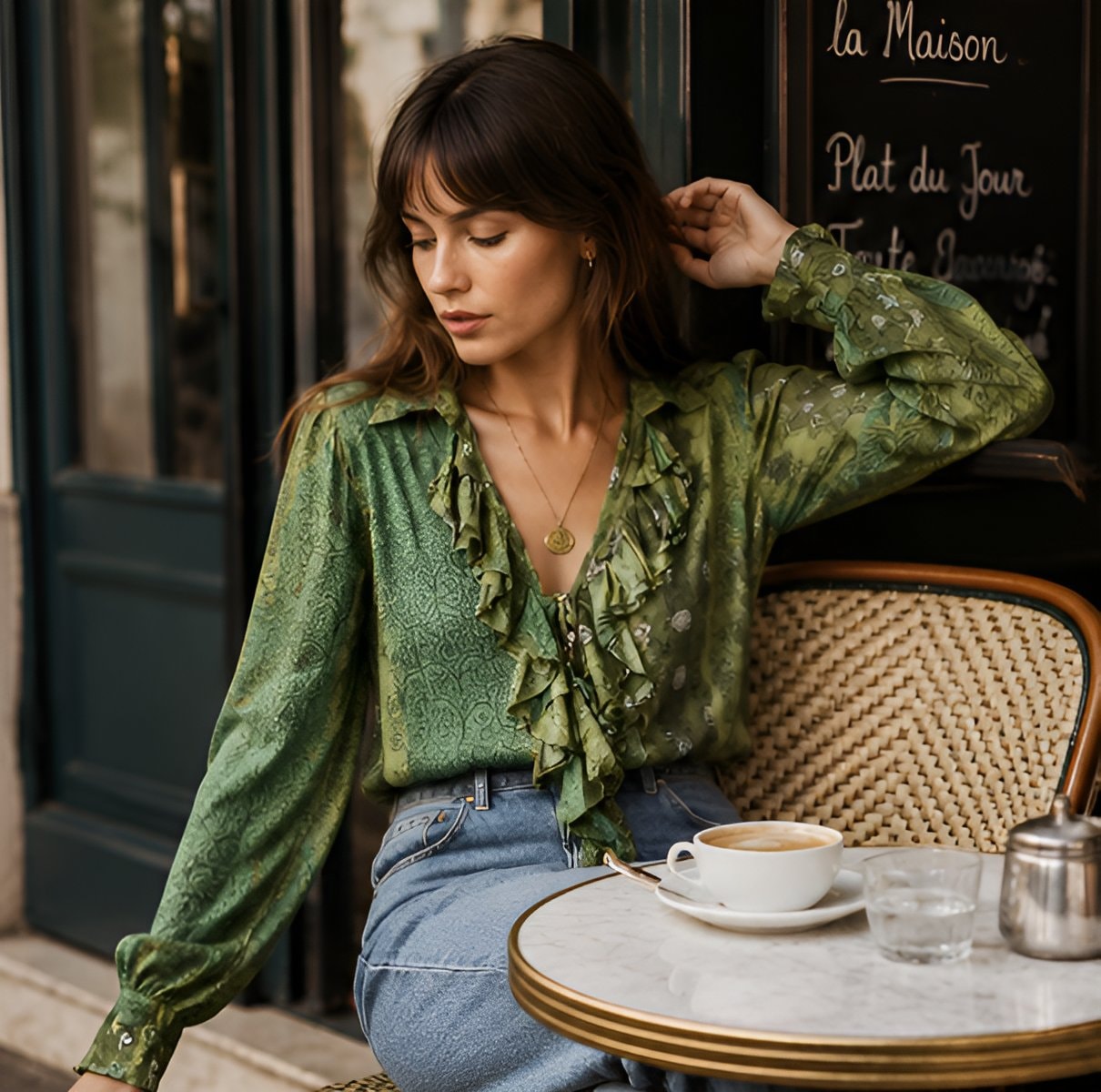 2000s Green Sheer Ruffle Blouse — 8