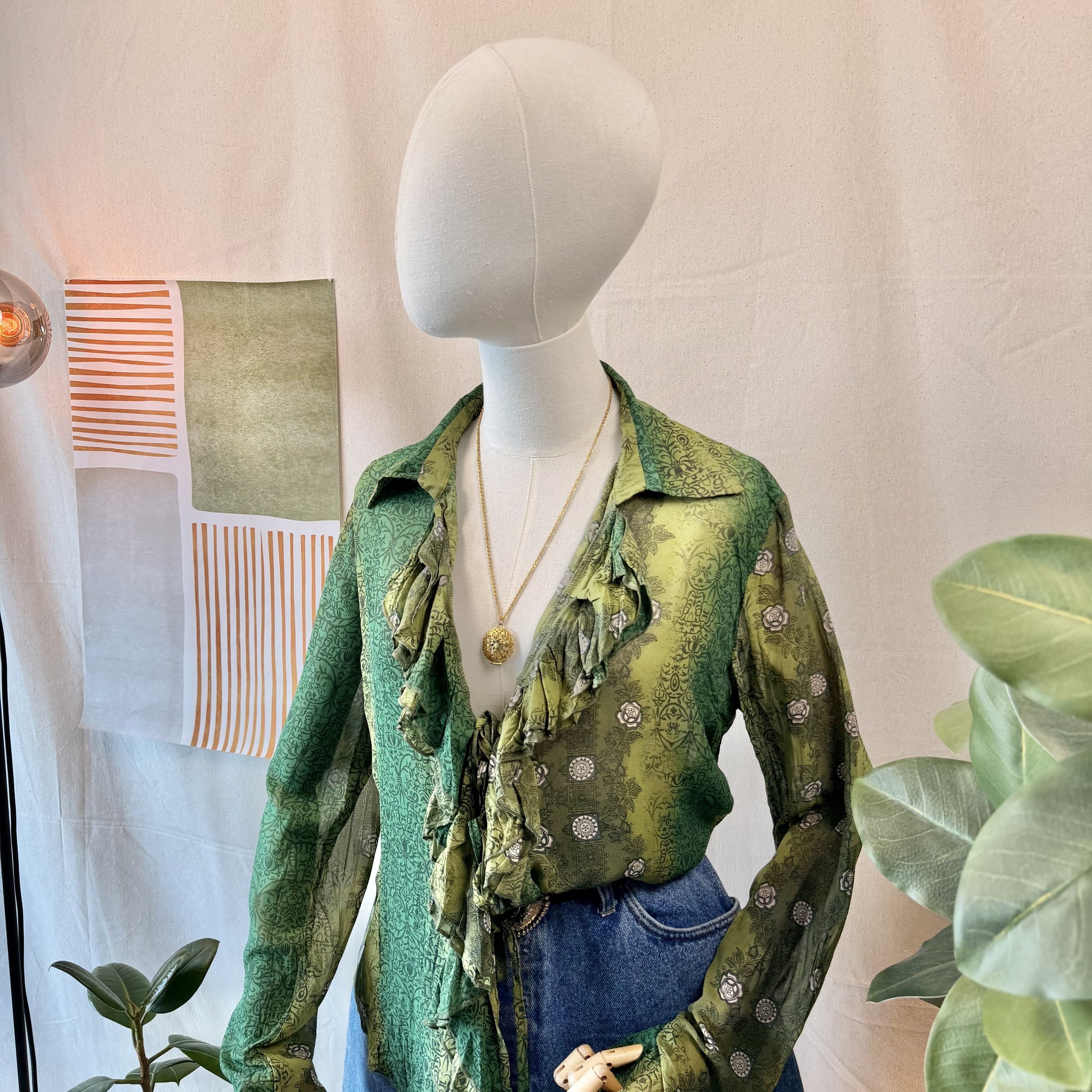 2000s Green Sheer Ruffle Blouse — 2