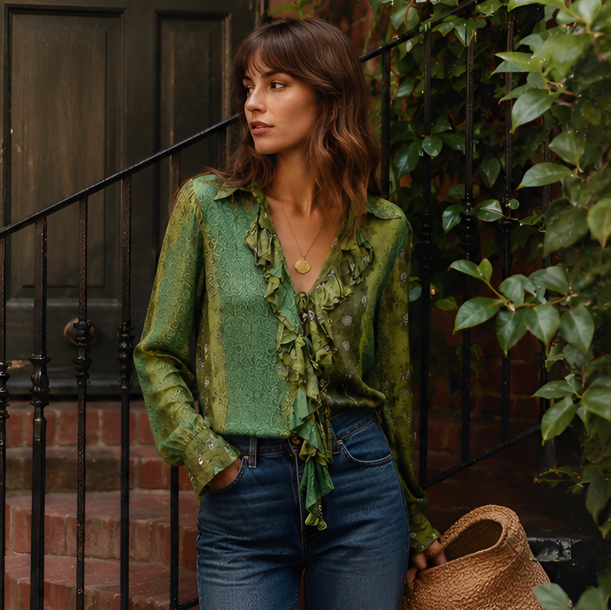 2000s Green Sheer Ruffle Blouse — 11