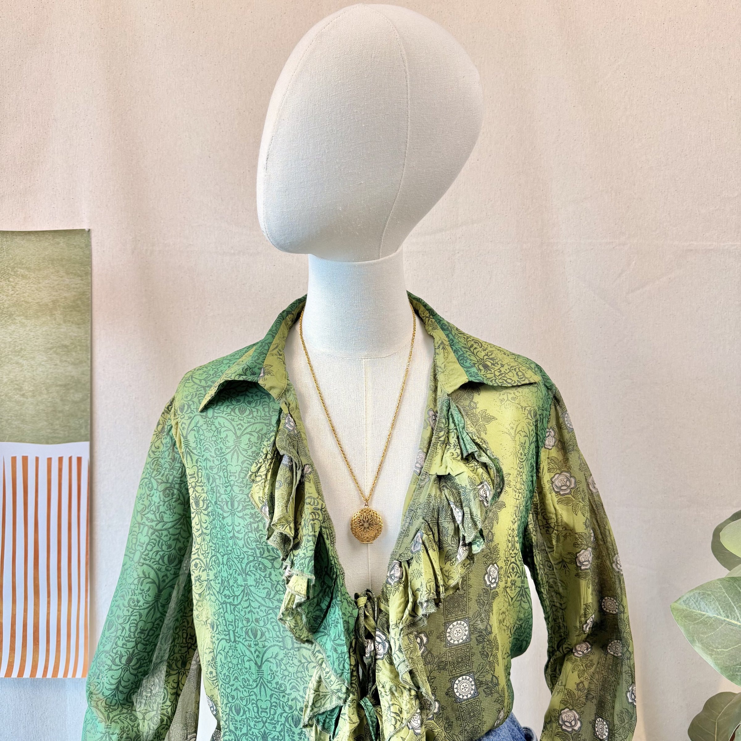 2000s Green Sheer Ruffle Blouse — 3