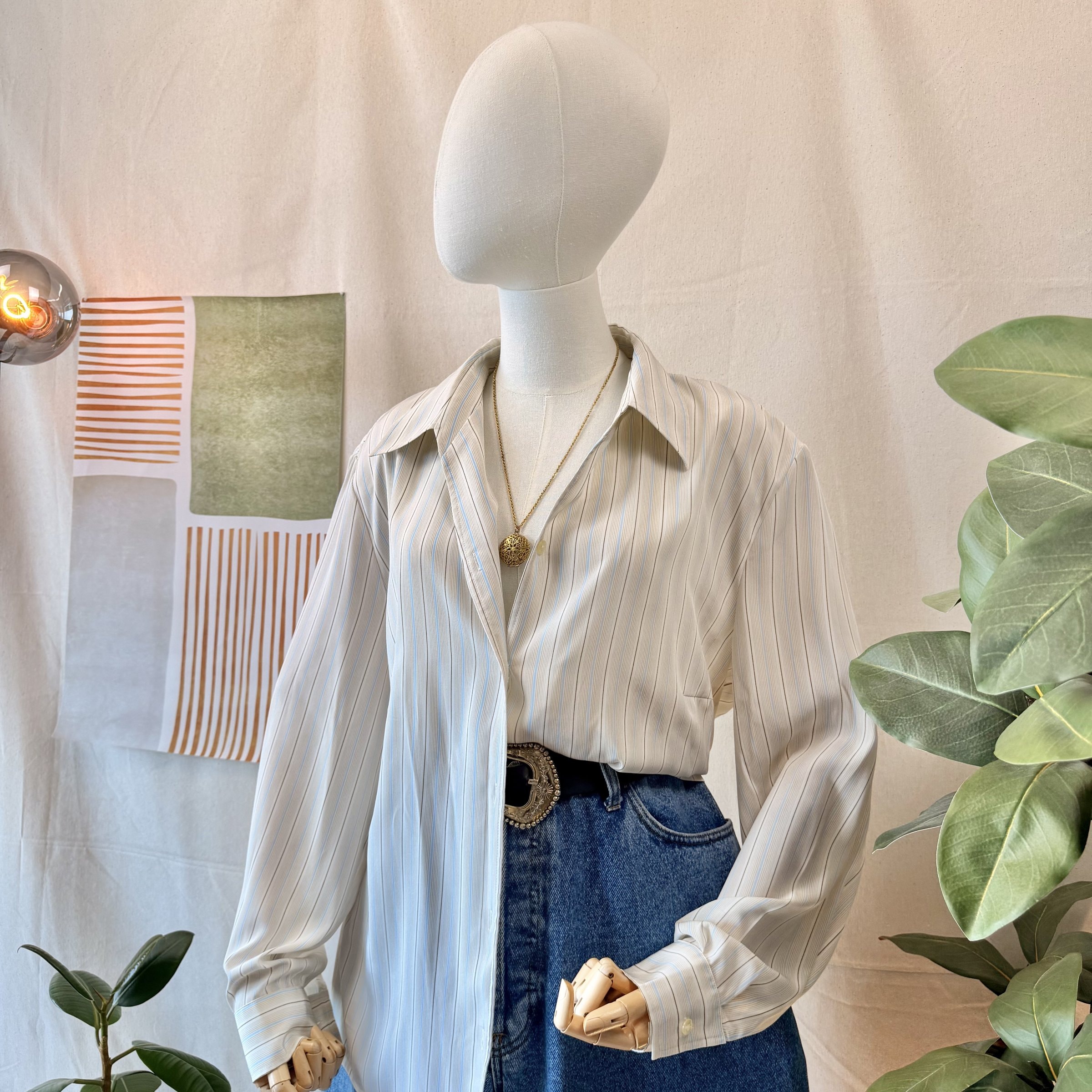 90s Cream Blue Striped Blouse — 3