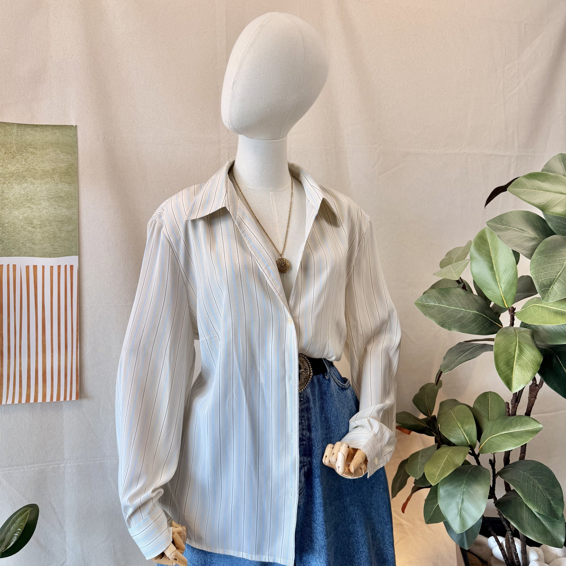 90s Cream Blue Striped Blouse — 2
