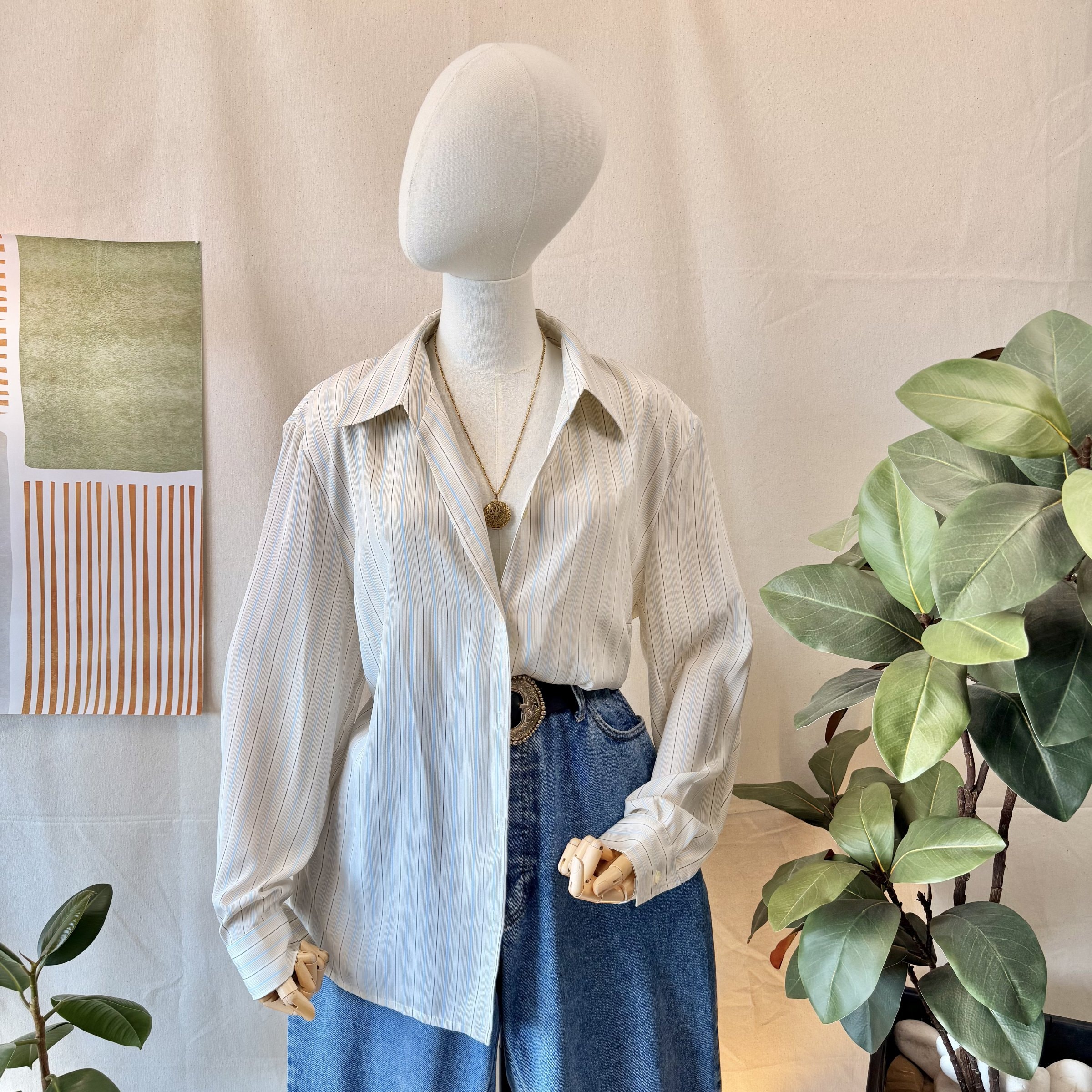 90s Cream Blue Striped Blouse