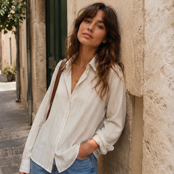 90s Cream Blue Striped Blouse — 9
